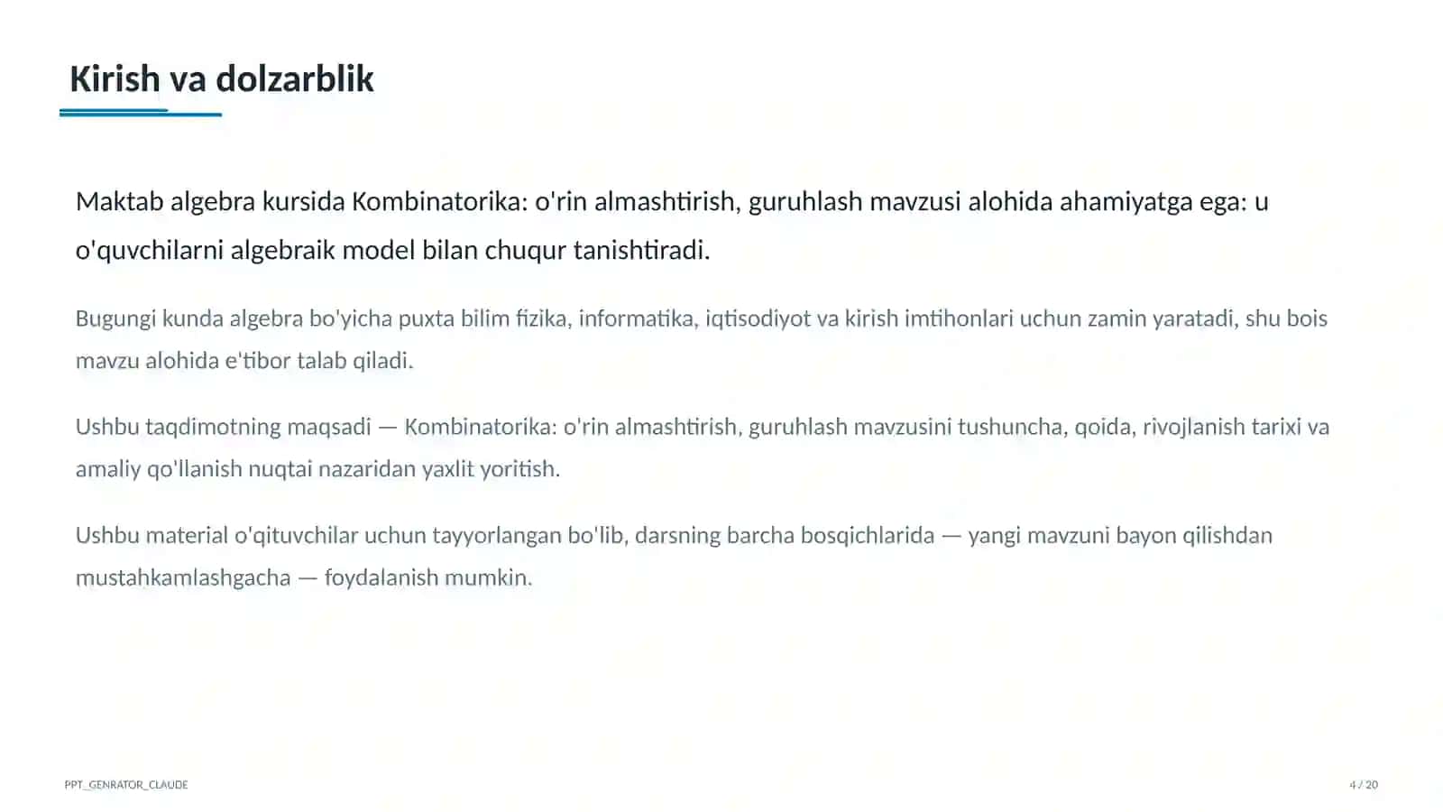 Kombinatorika: o'rin almashtirish, guruhlash (9-sinf) 4