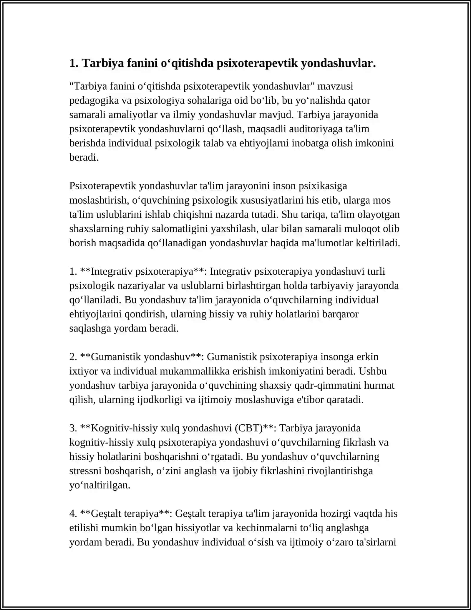 “TARBIYA” FANINI O‘QITISHGA PSIXOTERAPEVTIK, IJODIY TADQIQIY VA FAOLIYAT 4