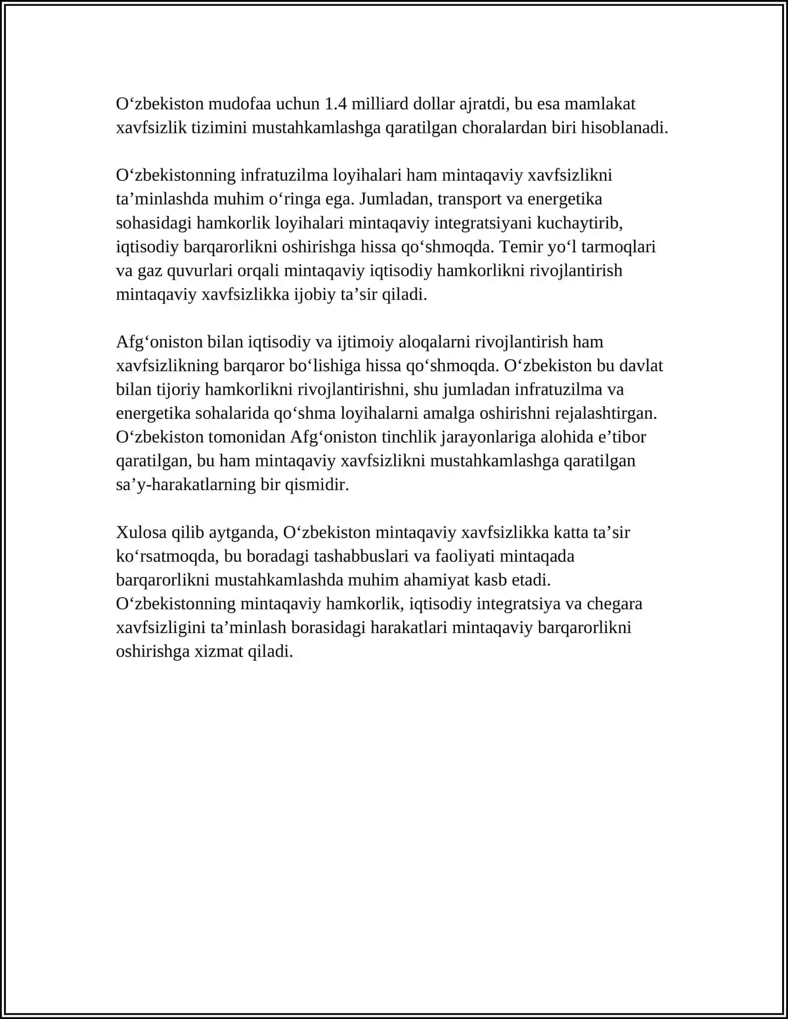 O'zbekistonning Markaziy Osiyoda Tinchlik va Barqarorlikni Ta'minlashdagi O'rni 4