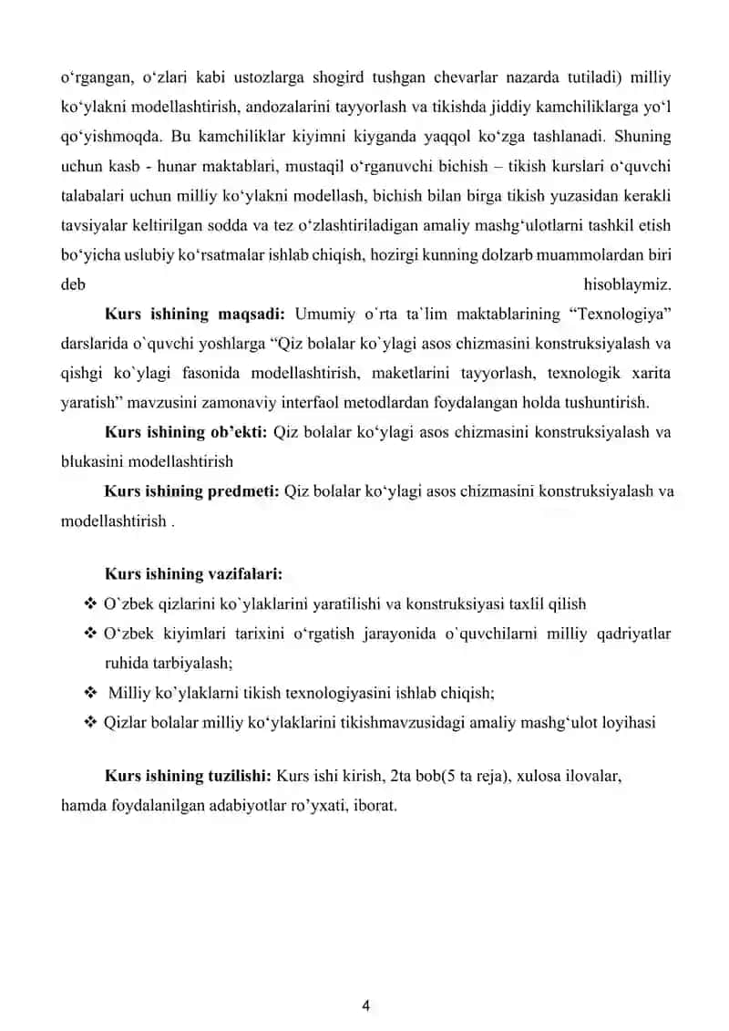 AYOLLAR MILLIY KO'YLAGI ASOS CHIZMASINI KONSTRUKSIYALASH VA QISHGI FASONDA MODELLASHTIRISH, MAKETLARNI TAYYORLASH, TEXNOLOGIK XARITA YARATISH 4