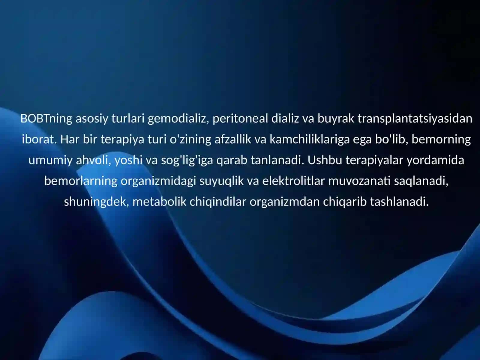 O'rinbosar terapiya: gemodializ, tansplantatsiyasi. Buyrak transplantatsiyasidan keyin resepiyentni erta parvarishlash uchun algoritm plazmaferez. Buyrak 4