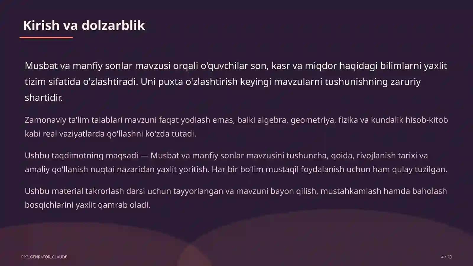 Musbat va manfiy sonlar (6-sinf) Matematika (5–6) — takrorlash darsi uchun 4