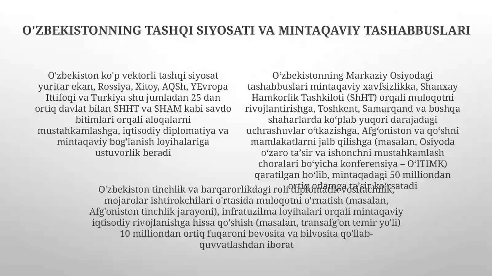 O‘zbekistonning Markaziy Osiyoda tinchlik va barqarorlikni ta’minlashdagi o‘rni 4