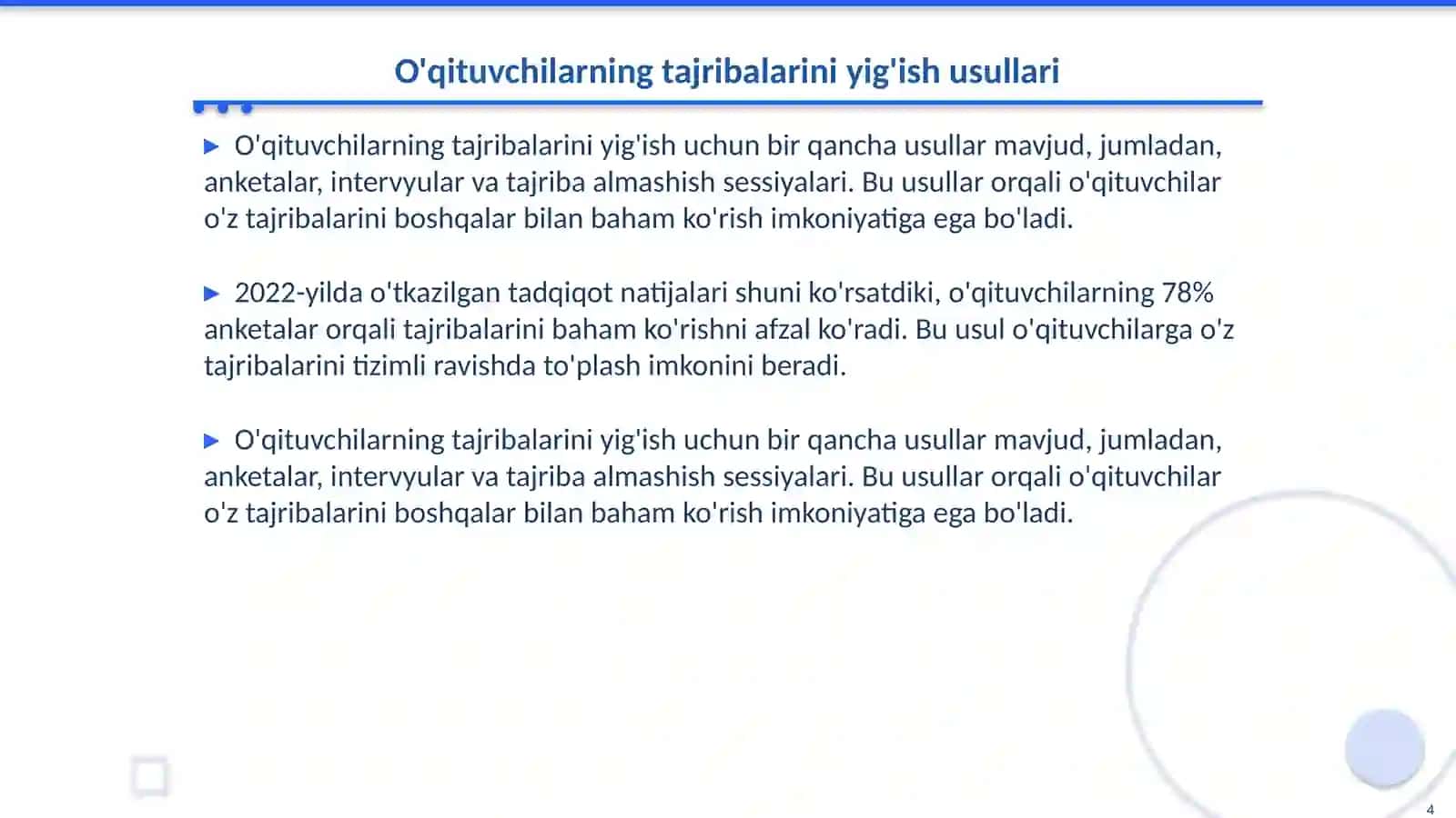 O'qituvchilarning ilg'or pedagogik tajribalarini to'plash va amaliyotda qo'llash 4