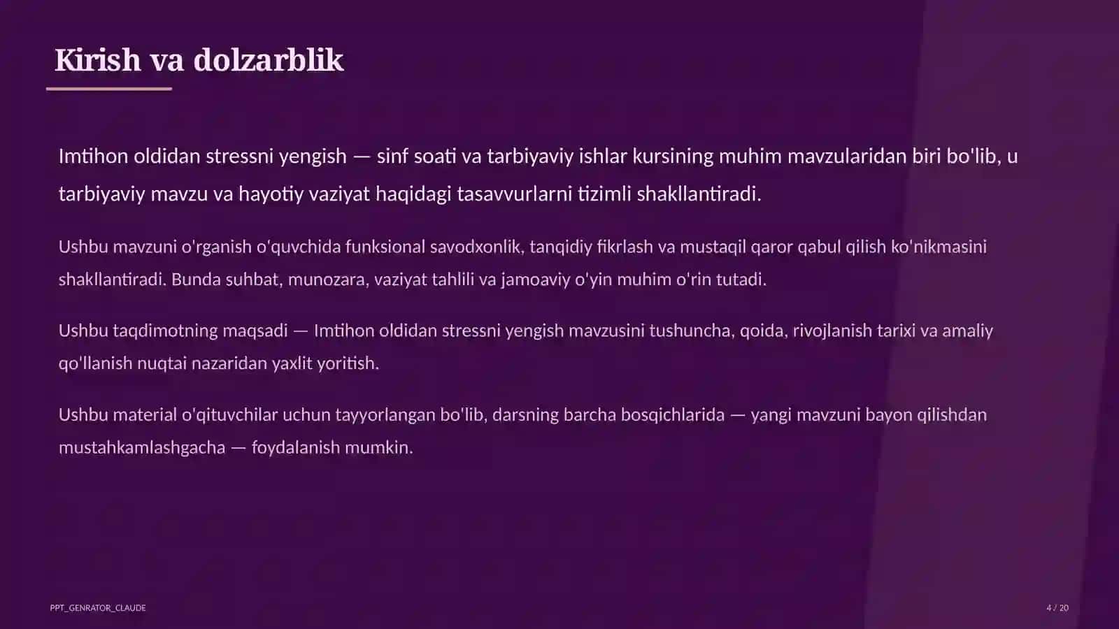 Sinf soati va tarbiyaviy tadbirlar (1–11) — o'qituvchilar uchun 4