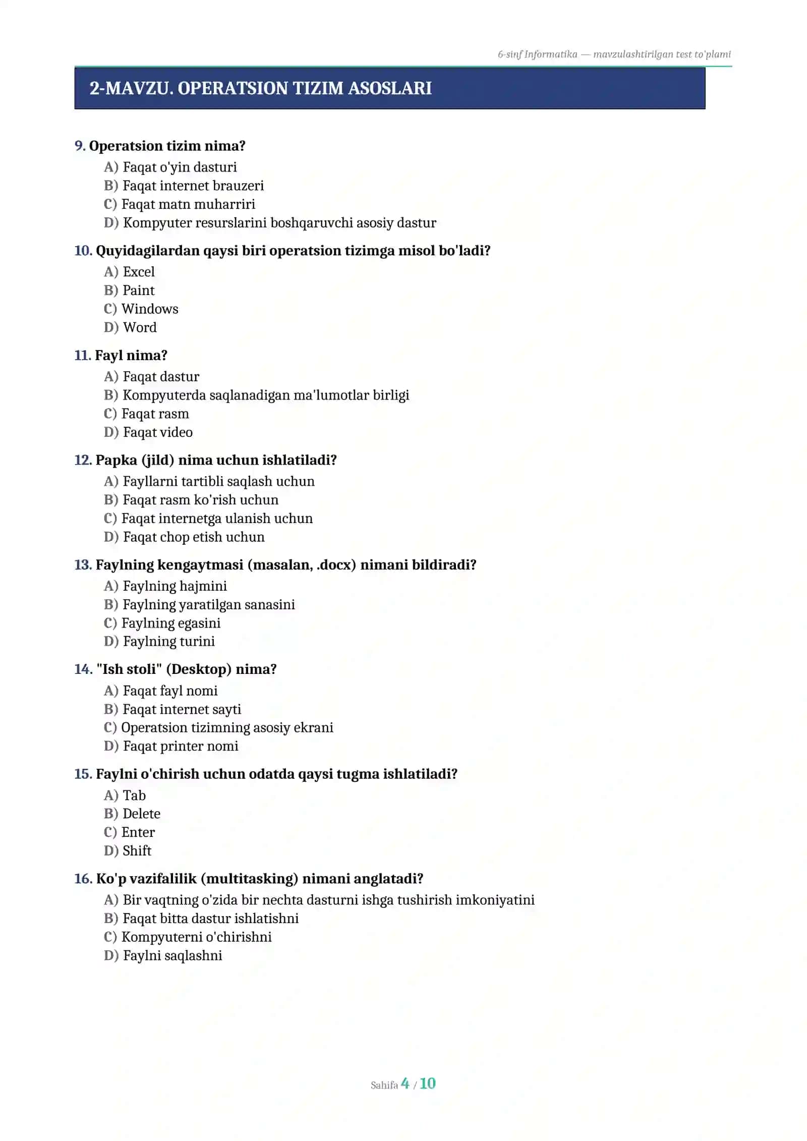 6-SINF INFORMATIKA — KOMPYUTER SAVODXONLIGI TEST TO'PLAMI 2026 (56 savol, javoblari bilan) 4