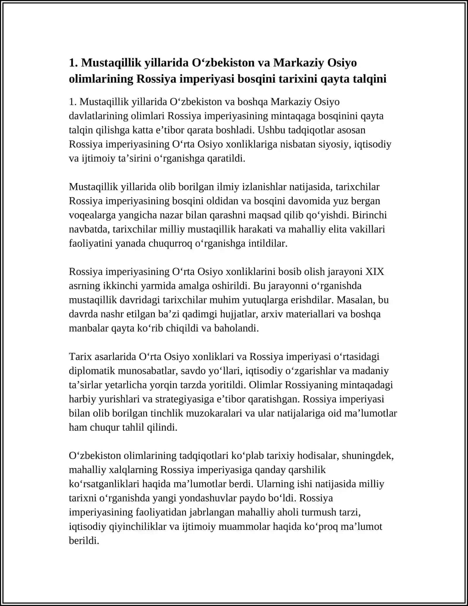 MUSTAQILLIK YILLARIDA AMALGA OSHIRILGAN ILMIY TADQIQOTLAR VA TARIX ASARLARIDA O‘RTA OSIYO XONLIKLARING ROSSIYA IMPERIYASI TOMONIDAN BOSIB OLINISHI TARIXINING YORITILISHI 4
