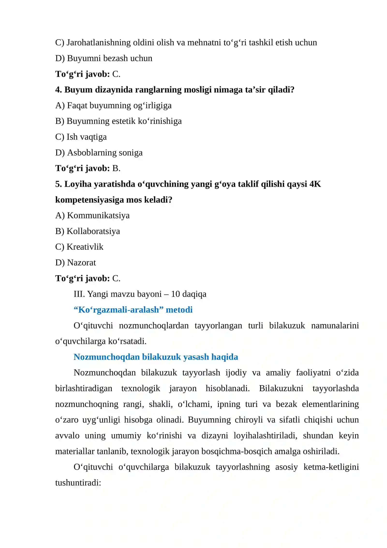 Nozmunchoqdan bilakuzuk yasash texnologiyasi 4K modeli asosida loyihalash 4