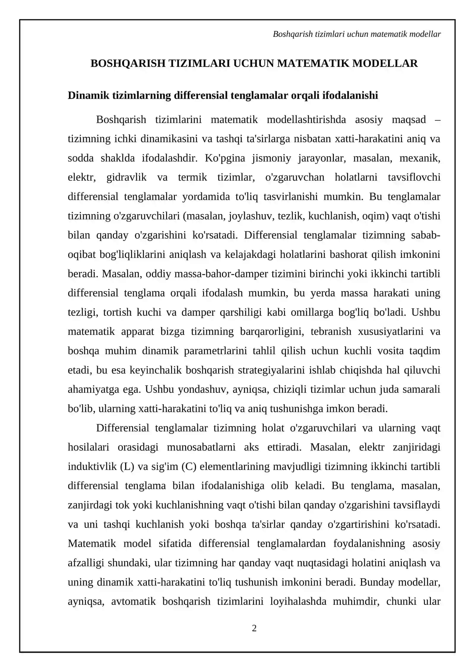 Boshqarish tizimlari modelini identifikatsiyalash va kompyuterda yechish usullari 4