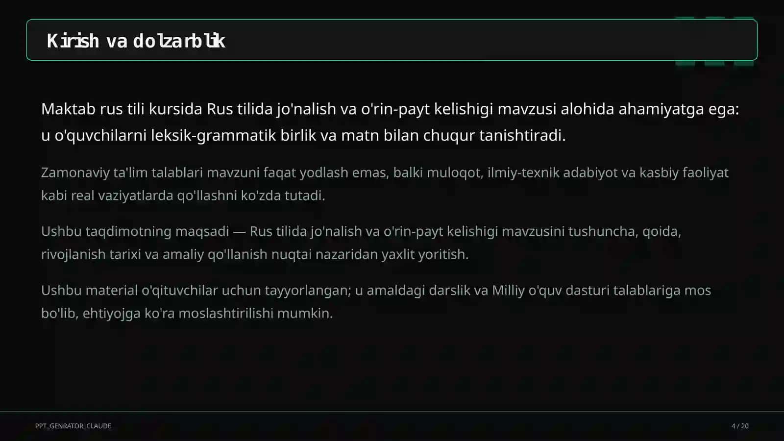 Rus tilida jo'nalish va o'rin-payt kelishigi (5-sinf) 4