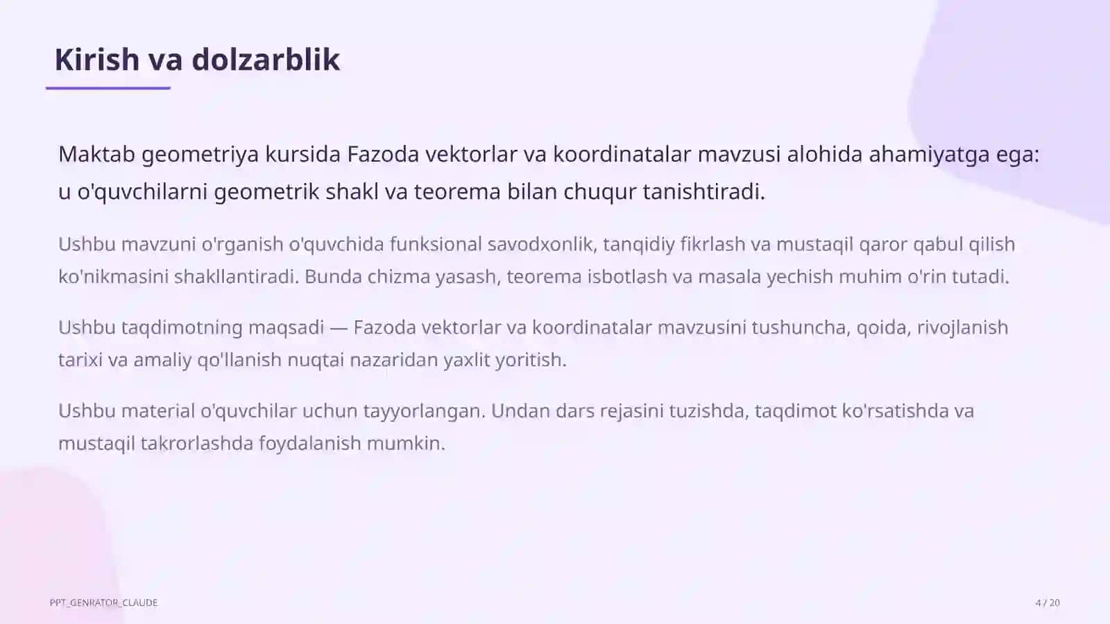 Fazoda vektorlar va koordinatalar (11-sinf) 4