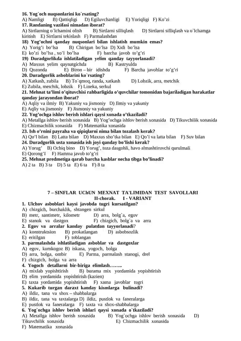 MЕXNAT TA'LIMIDAN TЕST SAVOLLARI 4