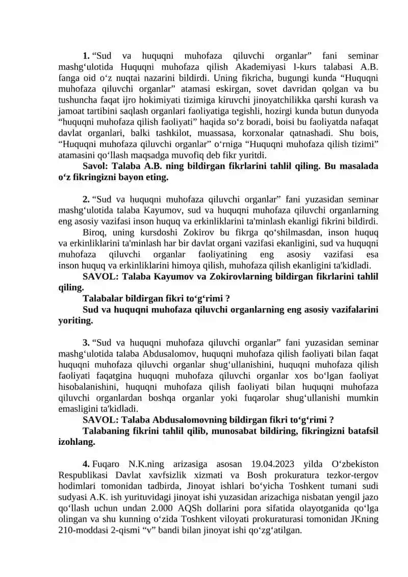 “SUD VA HUQUQNI MUHOFAZA QILUVCHI ORGANLAR” MODULI YAKUNIY NAZORAT TOPSHIRIQLARI 4