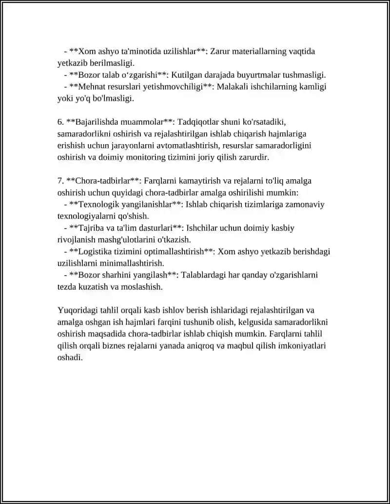 KASB ISHLOV BERISH ISHLARINING HAJMI BOʻYICHA BIZNES REJALARINING BAJARILISHI TAHLILI 4