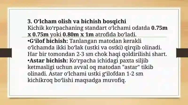 AMALIY MASHG'ULOT KICHIK HAJMDAGI KO'RPACHA BICHISH VA TIKISH 4