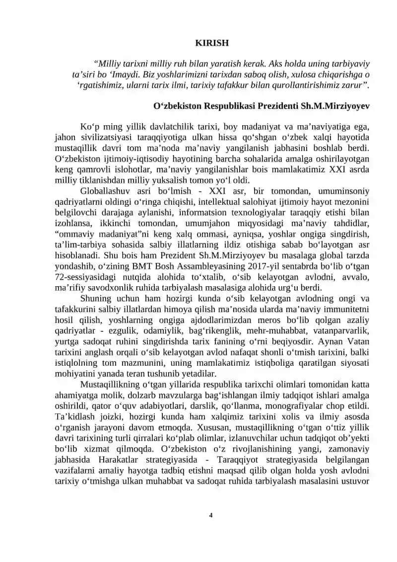 O‘zbekistonning eng yangi tarixi (Oliy o‘quv yurtlari nomutaxassis fakultet talabalari uchun) 4