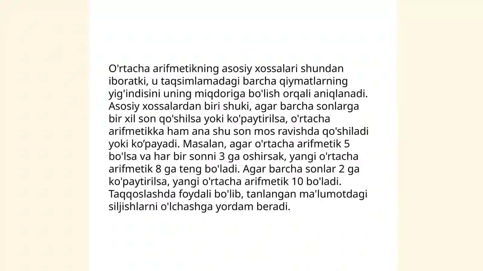 O‘rtacha arifmetik qiymat va uning xossasi. Standart og‘ish uning ahamiyati 4