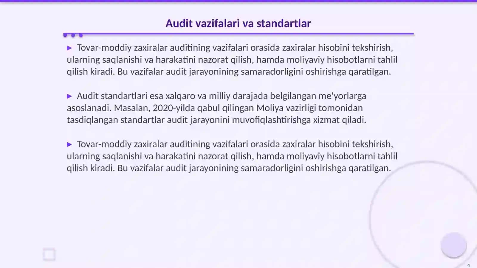 Tovar- moddiy zaxiralar auditining maqsadi, vazifalari, ma'lumot manbalari va tekshiruv o'tkazish tartibi 4