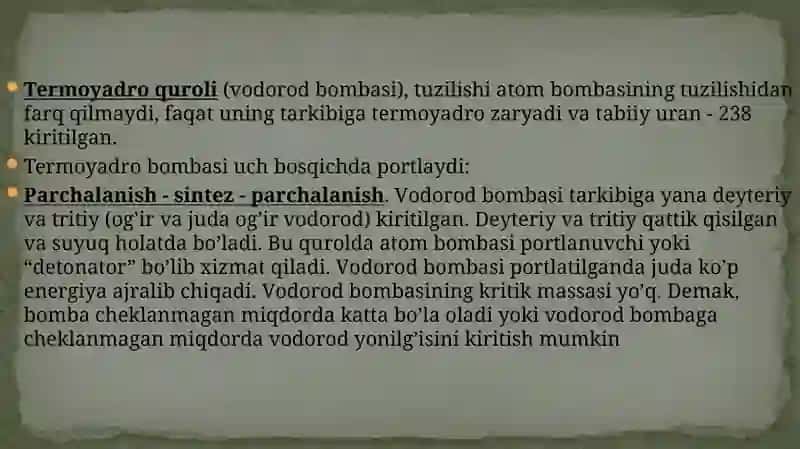 OMMAVIY QIRG’IN QUROLLARINING TASNIFI. JABRLANISH O’CHOG’ININGTIBBIY-TAKTIK TAVSIFI.YO’QOTISHLAR.YADROVIY QUROL.TROTIL EKVIVALENTI.YADROVIY PORTLASH OMILLARI 4