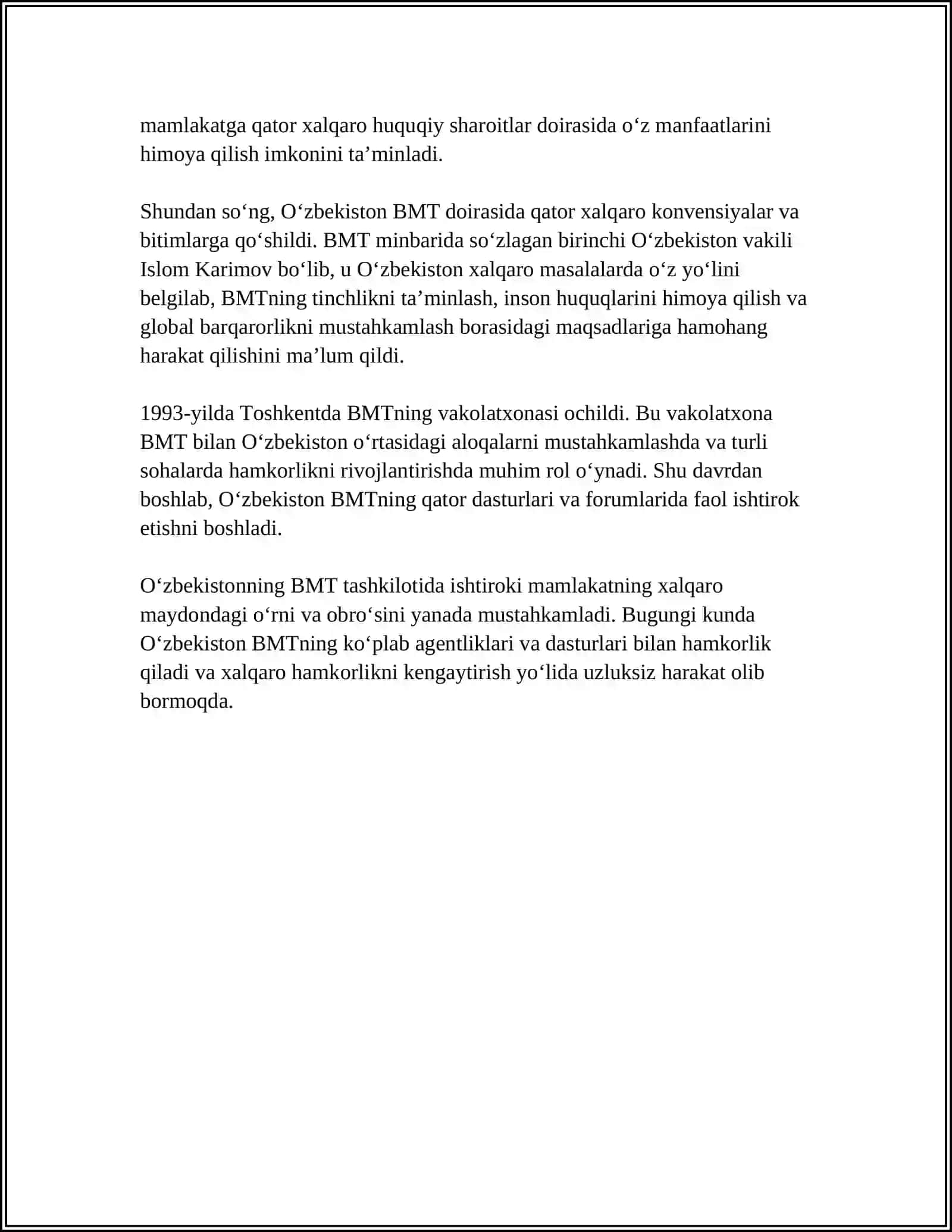 OZBEKISTONNING BMT BILAN HAMKORLIK ALOQALARI 4