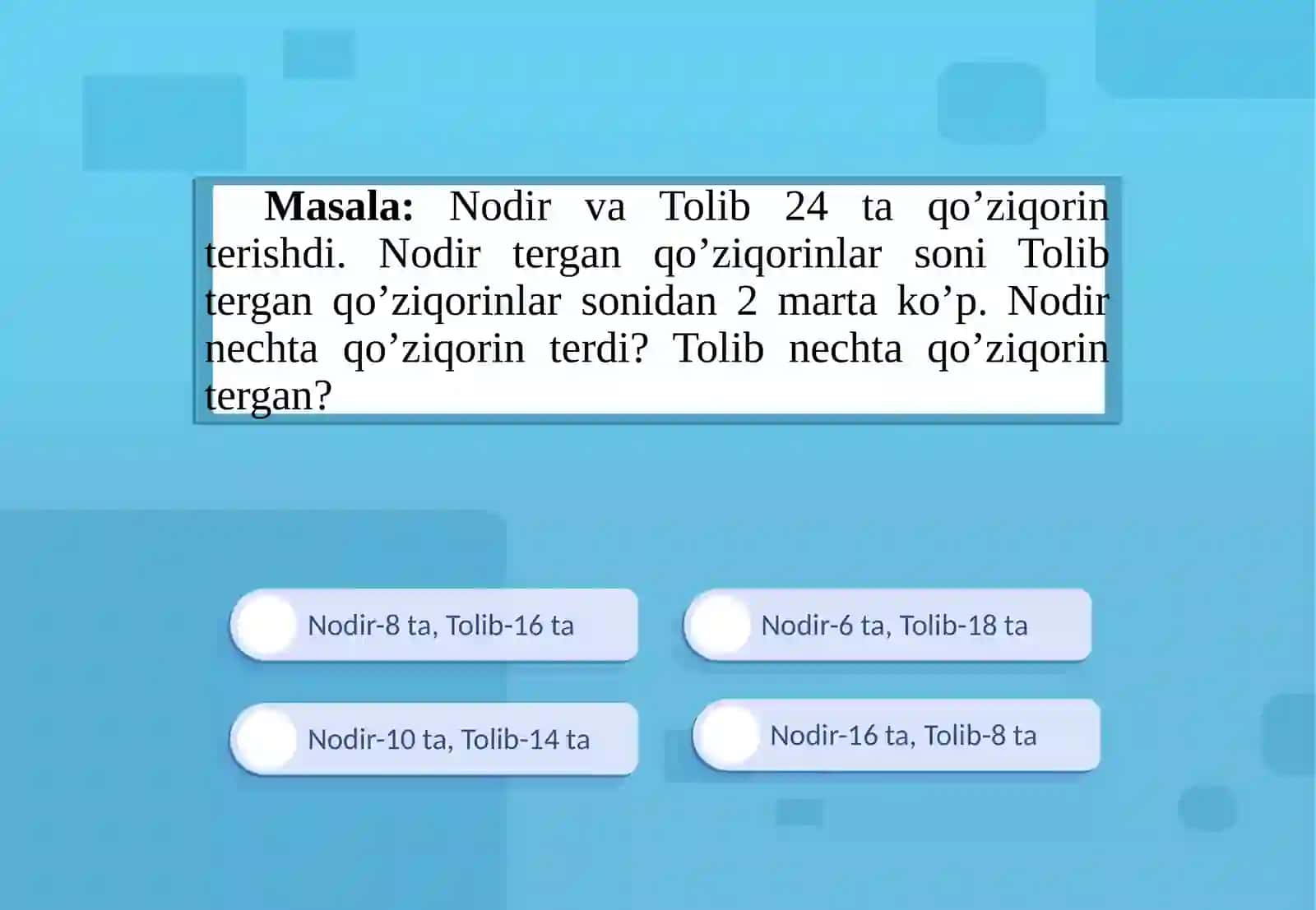 IKKI YOKI BIR NECHA SONNI ULARNING YIG’INDISI (YOKI AYIRMASI) VA KARRALI NISBATIDAN TOPISHGA DOIR MASALALAR. IKKI MIQDORNING AYIRMASIDAN NOMA’LUMNI TOPISHGA DOIR MASALALAR 4