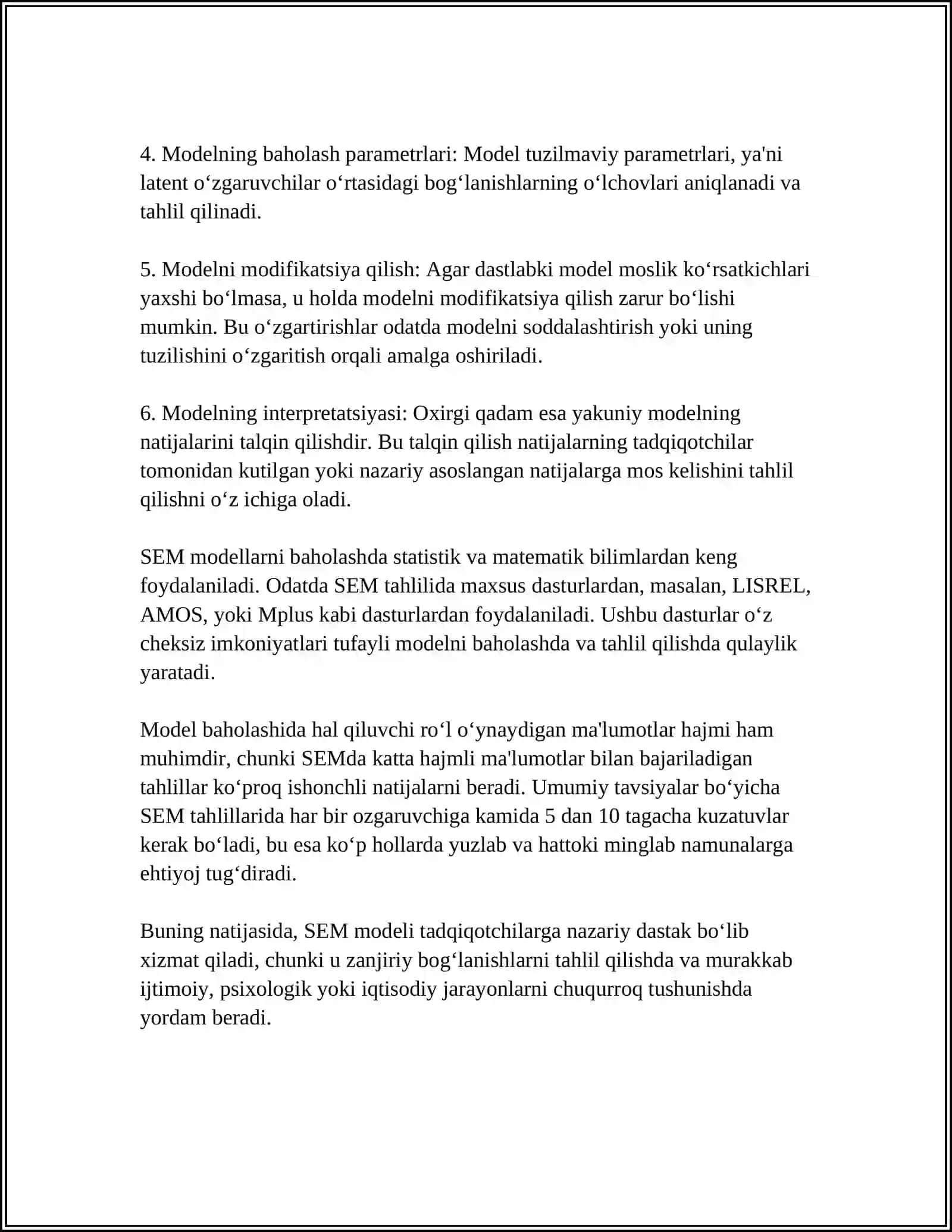 MUSTAQIL ISH Mavzu: TUZILMAVIY VA KELTIRILGAN MODEL PARAMETLARINI BAHOLASH 4