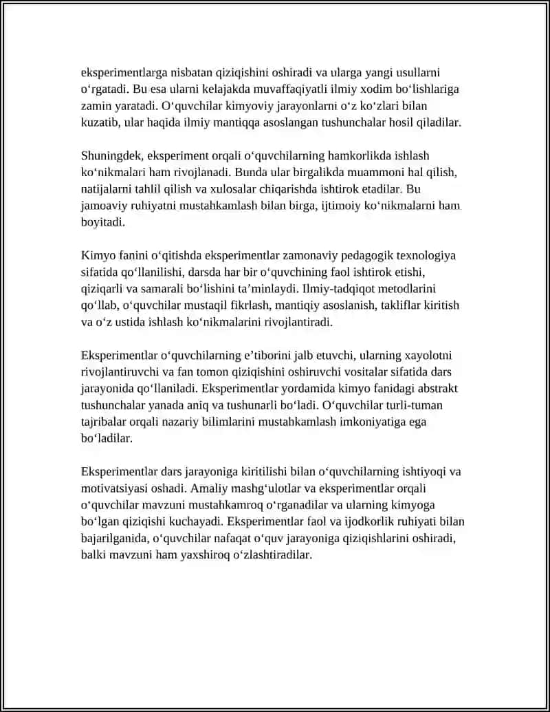 KIMYO O'QITISHDA EKSPETIMENTDAN FOYDALANISH ZAMONAVIY PEDOGOGIK TEXNOLOGIYANING ENG MUHIM USLUBIY EKANLIGI MAVZUSIDA 4