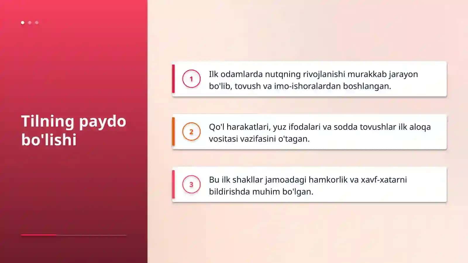 Til insonlar ortasidagi eng muhim  aloqa vositasi shu mavzu boyicha aniq faktlar bilan rasmlar bilan taqdimot yaratilsin mavzu tushunarli bolsin voqealar bolsa ham yaxshi ammo mavzu aniq yoritilib berilsin 4