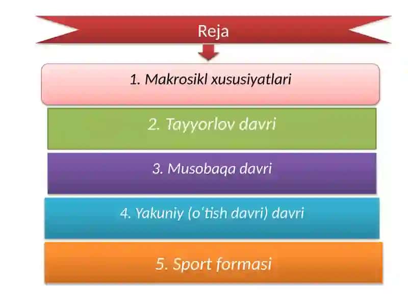 Sport mashgʻulotlarining siklli tuzilishi asoslari mikrosikl, mezosikl va makrosikllarda mashgʻulotlarni tashkil etish 4