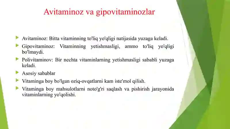 AVITAMINOV VA GIPOVITAMINOZLAR. HOZIRGI KUNDA ASOSAN QAYSI VITAMIN YETISHMASLIGI OQIBATIDA AVITAMINOZ KELIB CHIQAYOTGANI HAQIDA IZLANISH O'TKAZISH 4