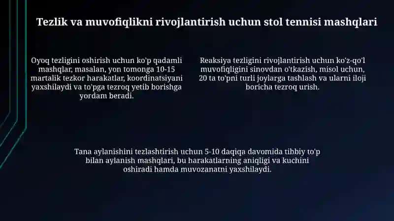Stol tennisi boʻyicha jismoni sifatlar tezkorlik va koordinatsiyani rivojlantirivchi mashqlar 4