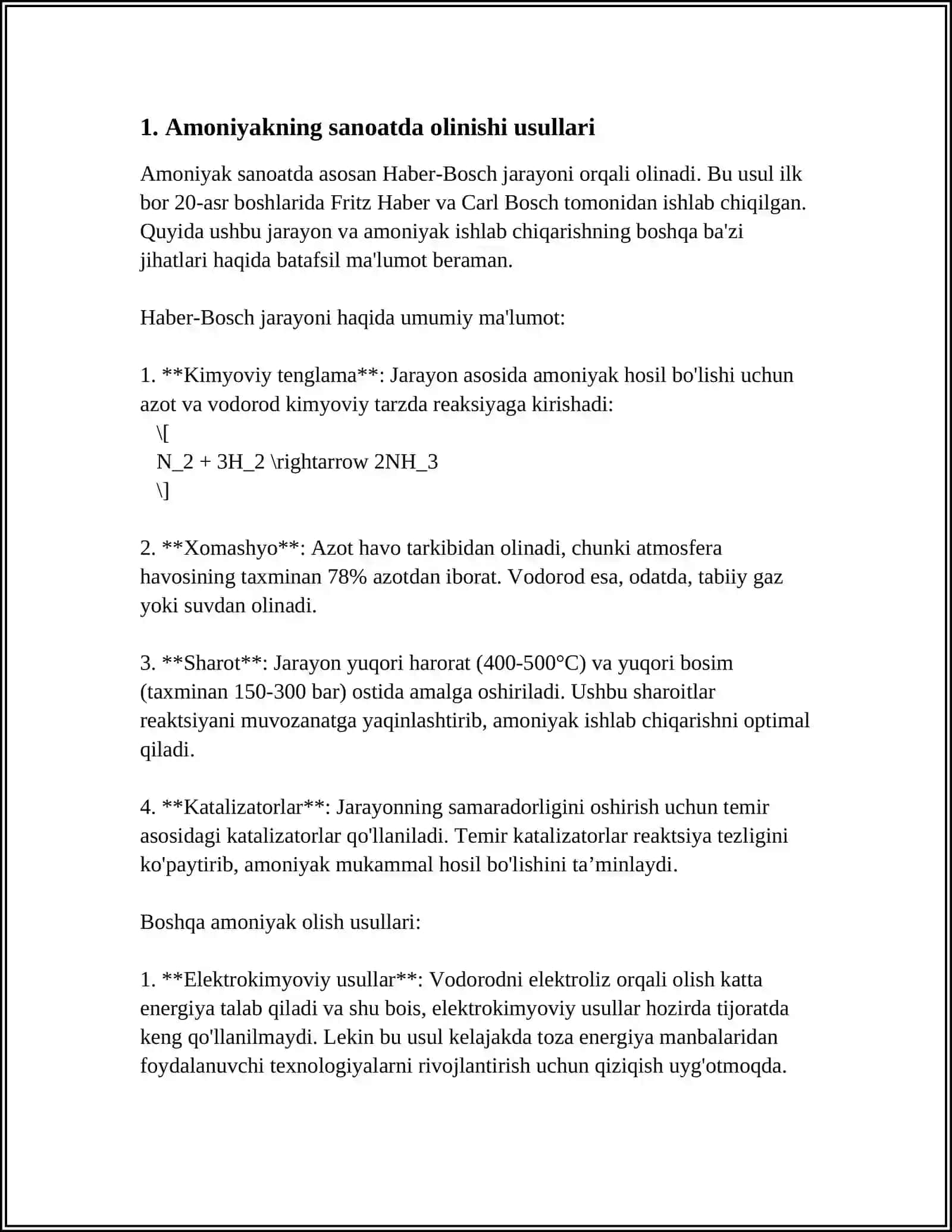 AMMIAK UNI SANOATDA VA LABORATORIYADA OLINISH USULLARI. SUYUQ AMMIAK SUVSIZ IONLOVCHI ERITUVCHI SIFATIDA 4