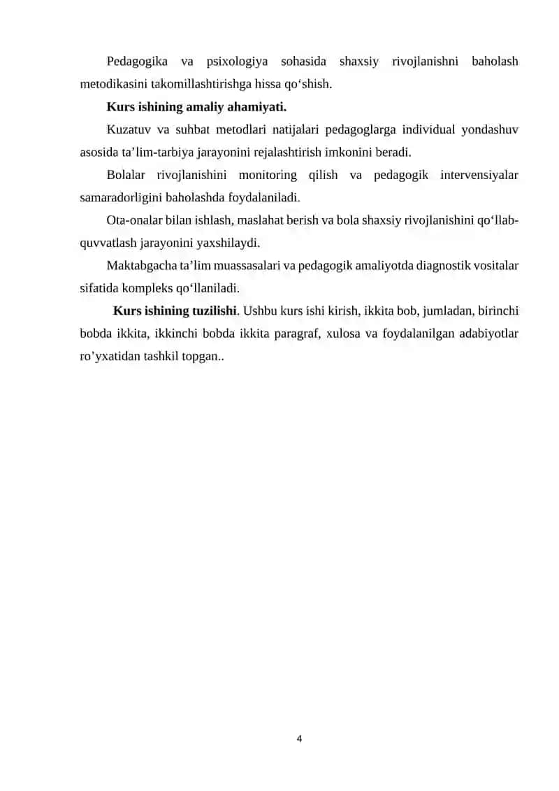 BOLALAR SHAXSIY RIVOJINI KUZATISHDA KUZATUV VA SUHBAT METODLARI KURS ISHI 4