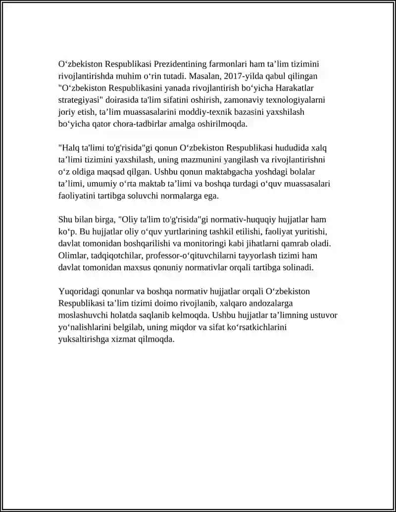 Oʻzbekiston Respublikasining Taʼlim Sohasidagi Qonun Hujjatlari 4