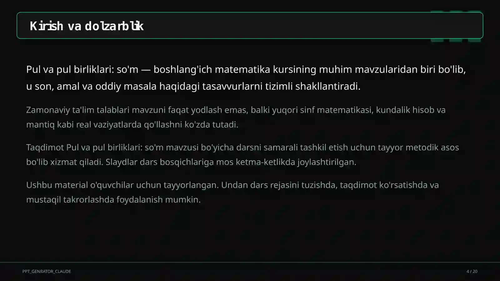 Pul va pul birliklari: so'm (2-sinf) 4