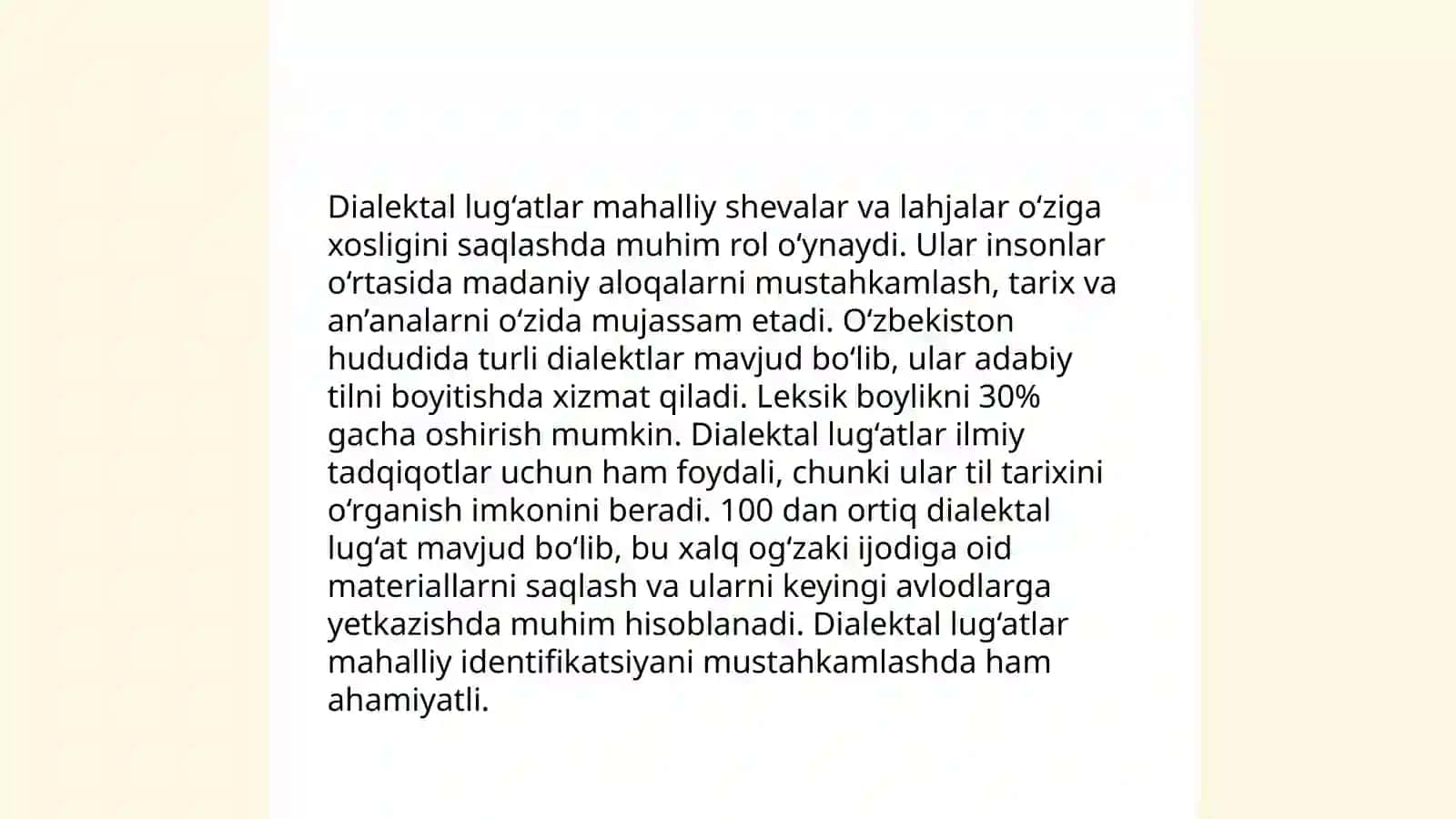 Dialektal lug'atning tarkibi va lug'atga kiritiladigan so'zlar Ro'ziyeva Nilufar 4