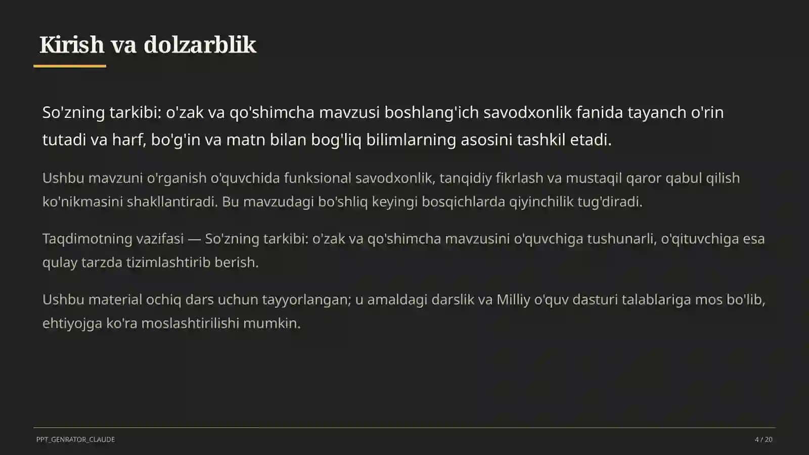 Boshlang'ich sinf: Ona tili va o'qish (1–4) — ochiq dars uchun 4