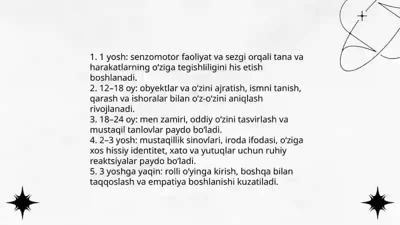 Ilk bolalik davrida o‘z o‘zini anglashning rivojlanishi va 3 yoshlilar inqirozi 4