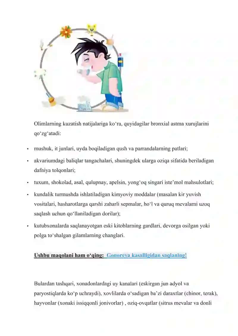 BOLLARDA BRONXIAL ASTMA UPKA SHISHI LORINGASPAZIN KASILLIKLARINI TASNIFI ZAMONAVIY TEKSHIRISH VA DAVOLASH PARVARISHLAR USULI TIZ TIBBIY YORDAM KURASATISH 4