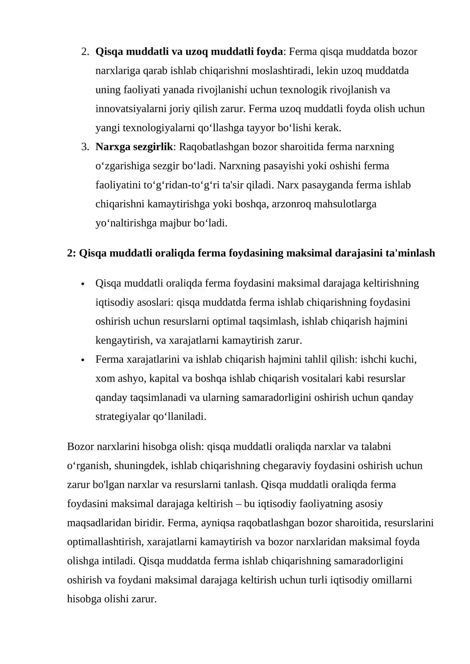 Raqobatlashgan bozor sharoitida qisqa muddatli oraliqda ferma foydasini maksimal darajaga keltirish va uning taklifi 4