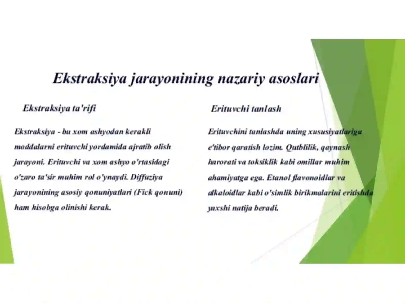 Dorivor o'simlik xom ashyosidan ajratma olishda ekstraksiya jarayonining asoslari. 4