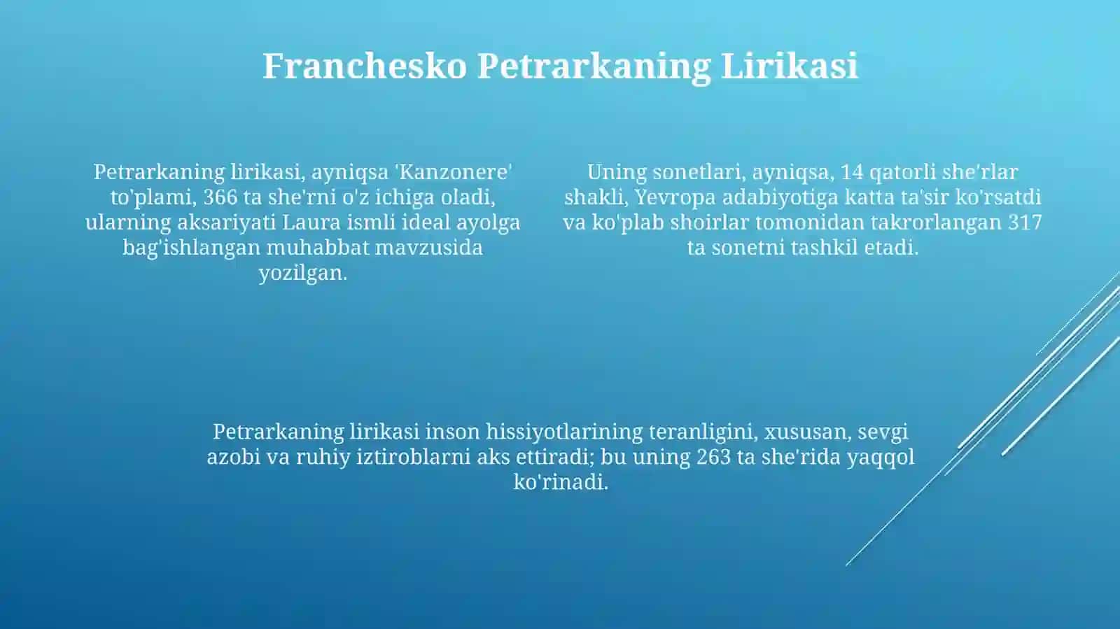 Italiya Uyg‘onish davri adabiyoti. Petrarkalirikasi. J.Bokachchovauning “Dekameron”asari 4
