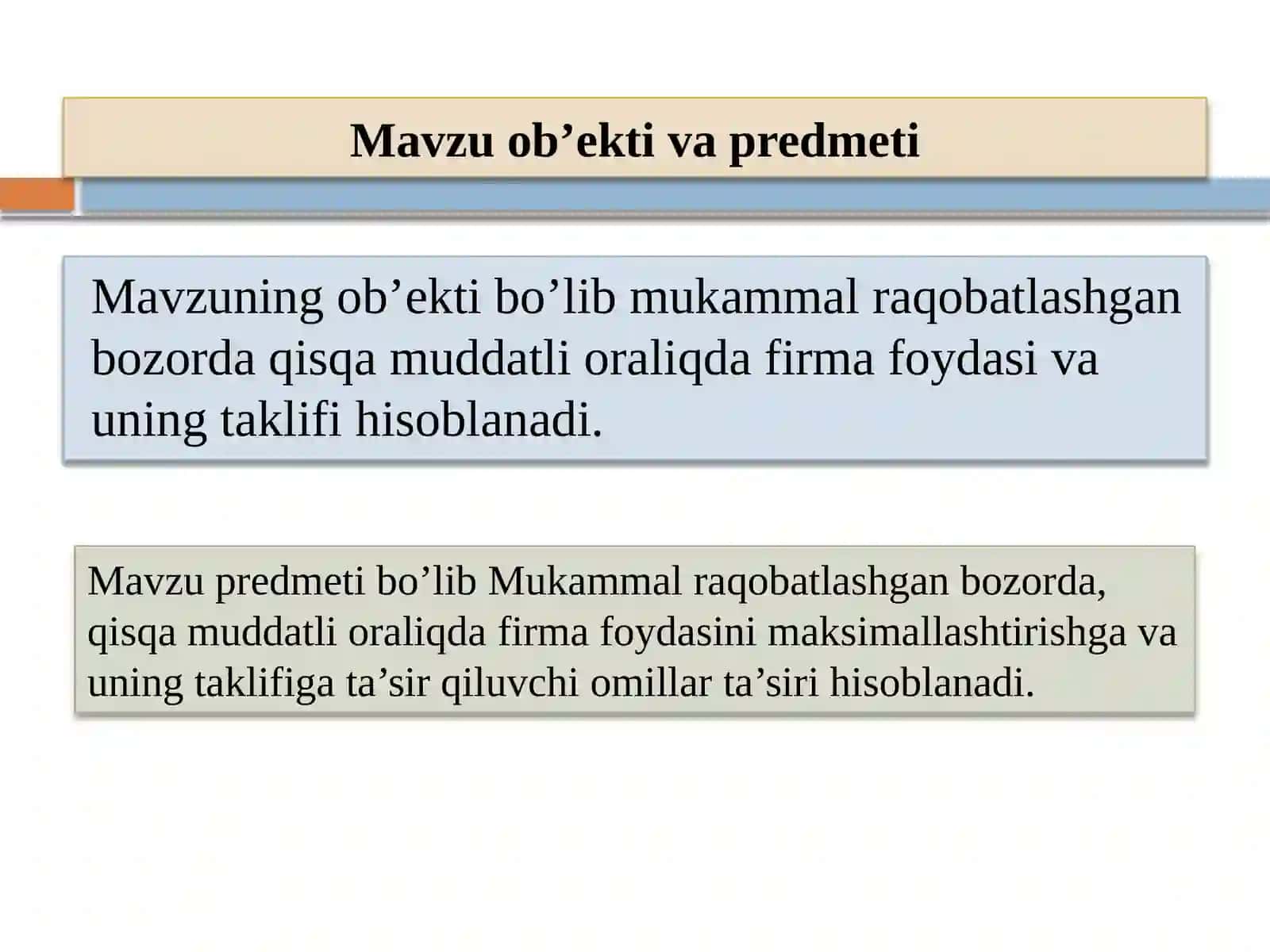 Qisqa muddatli oraliqda mukammal raqobatlashgan bozorda firma foydasini maksimallashtirish va uning taklifi 4