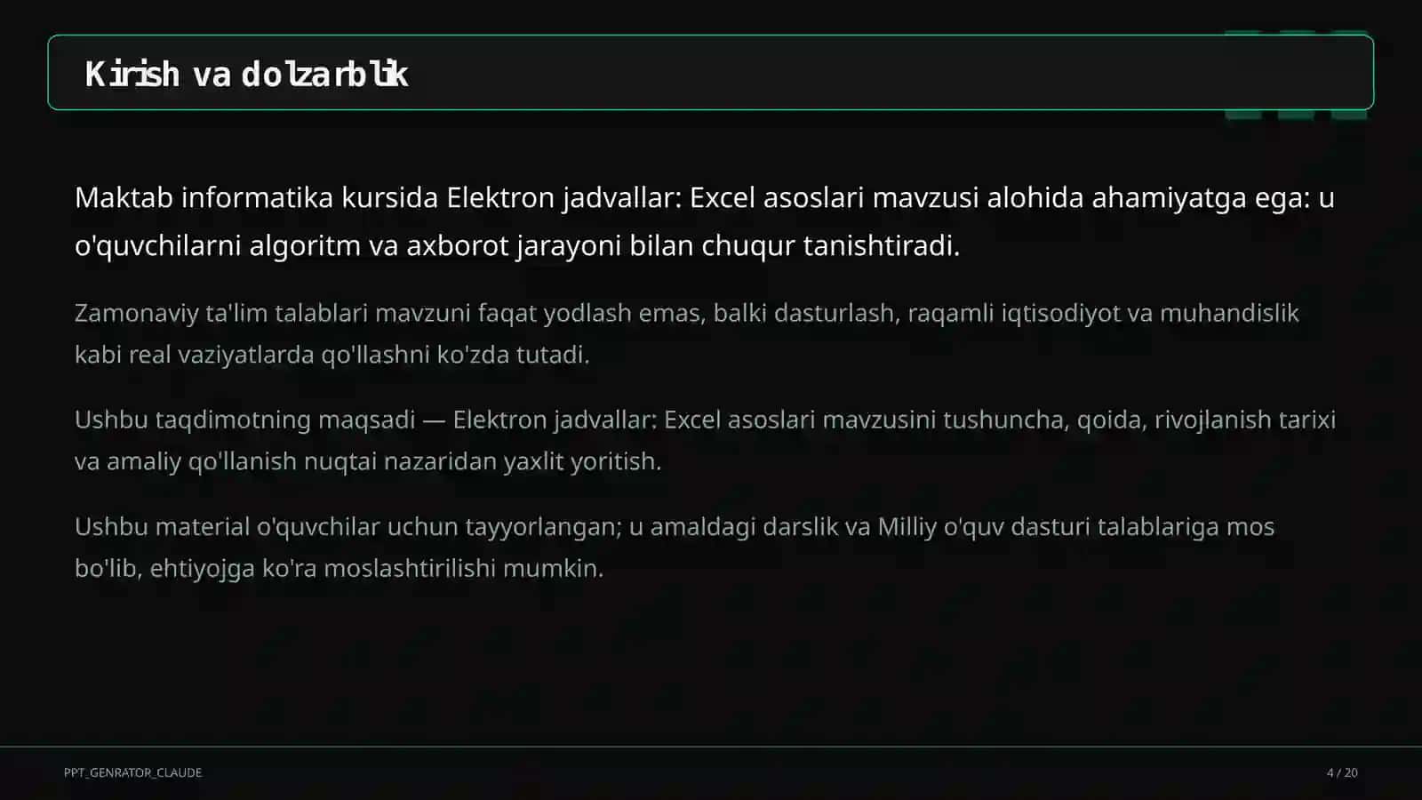 Elektron jadvallar: Excel asoslari (7-sinf) 4