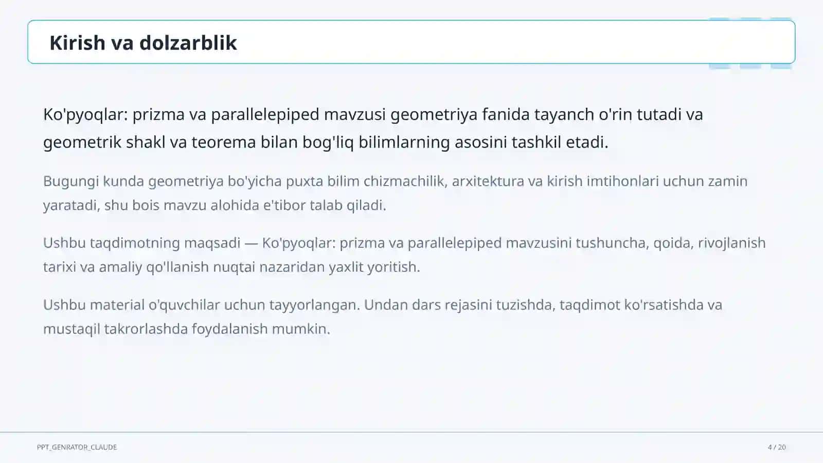 Ko'pyoqlar: prizma va parallelepiped (10-sinf) 4