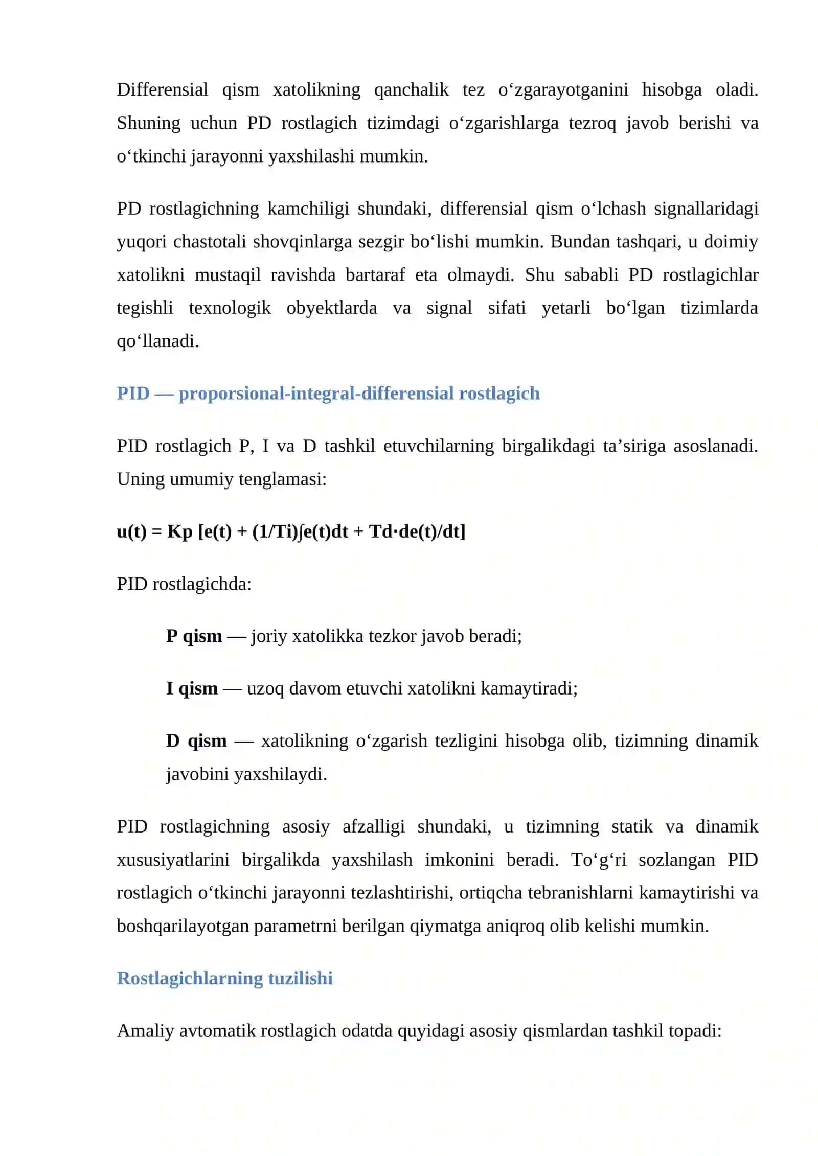 mustaqil ish Avtomatik rostlagichlarning (P, PI, PD, PID) ishlashini tekshirish va montaj oldi sinov 4