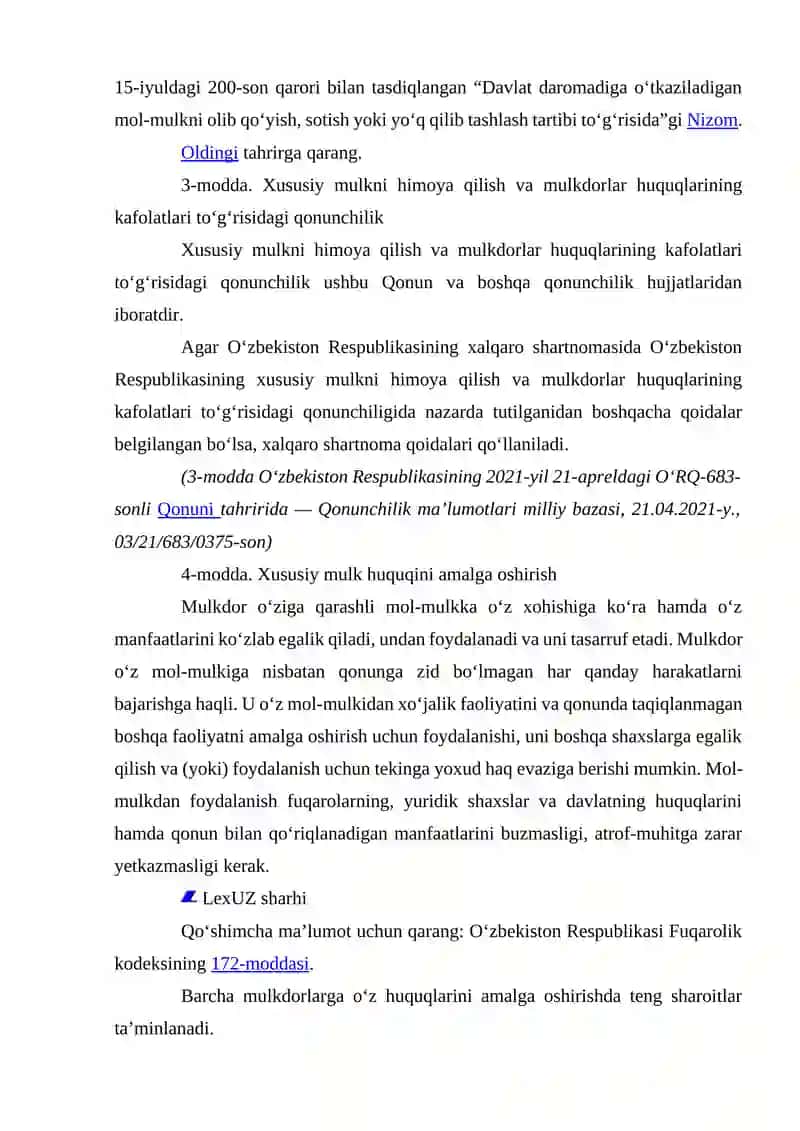 O'ZBEKISTON RESPUBLIKASINING IQTISODIY TIZIMI. XUSUSIY MULKNING DAXLSIZLIGI VA DAVLAT TOMONIDAN MUXOFAZA QILINISHI. 4