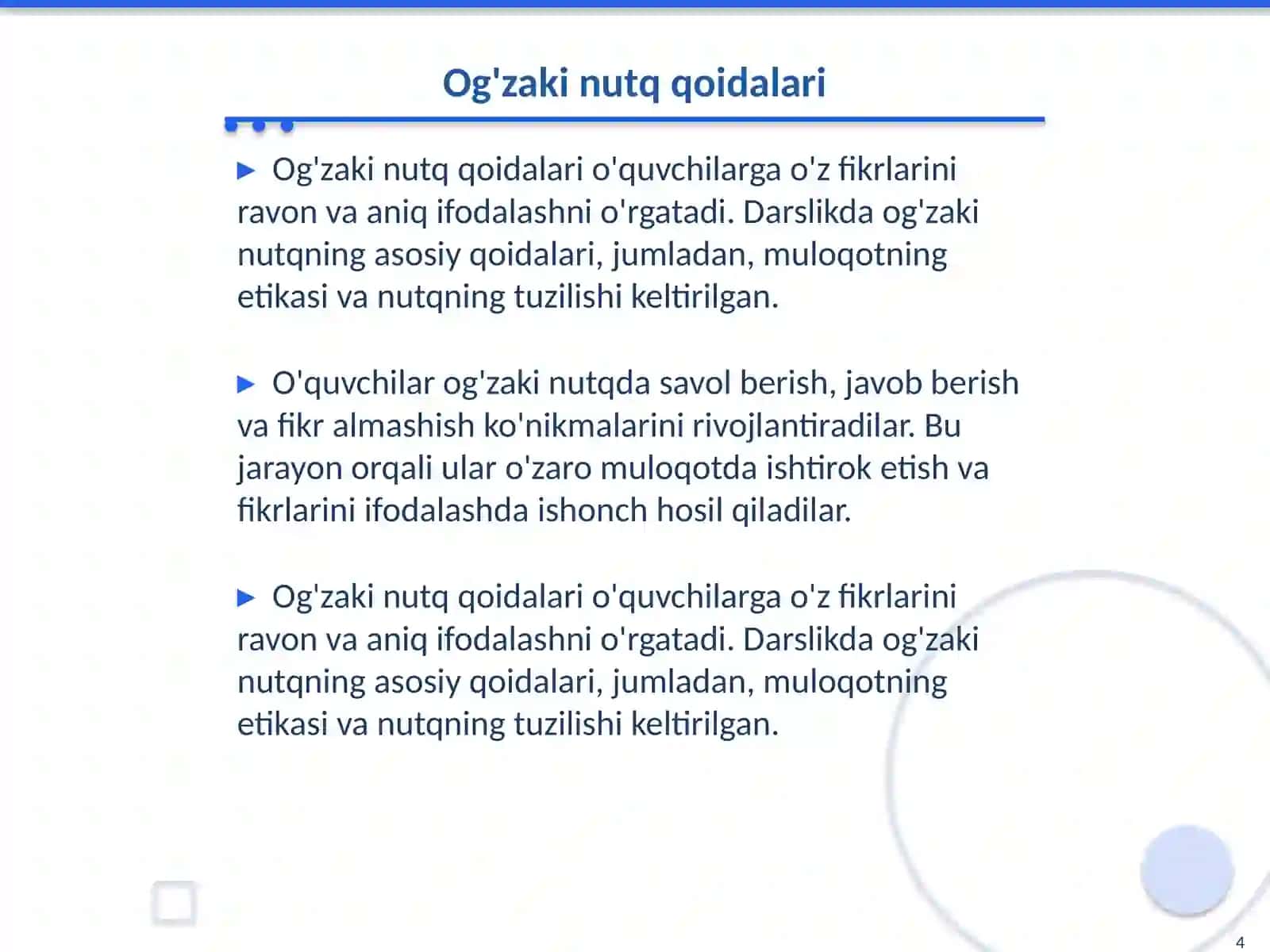 Mavzu: 4-sinf 2-qism ona tili darsligida keltirilgan qoidalar ustida ishlash 4