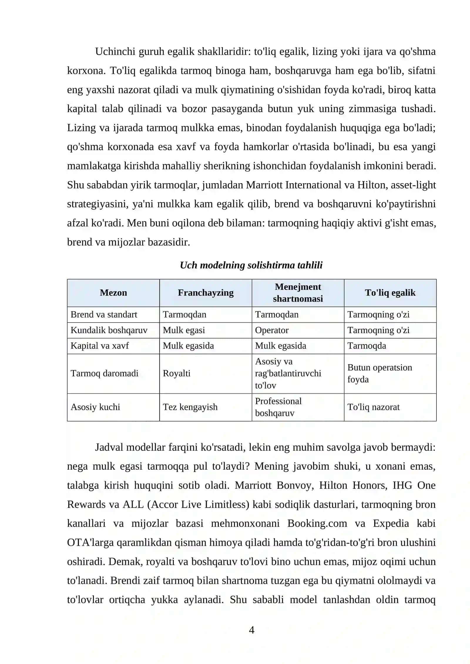 XORIJIY MEHMONXONA TARMOG'INING BOSHQARUV MODELI: FRANCHAYZING, MENEJMENT SHARTNOMALARI, EGALIK SHAKLLARI 4