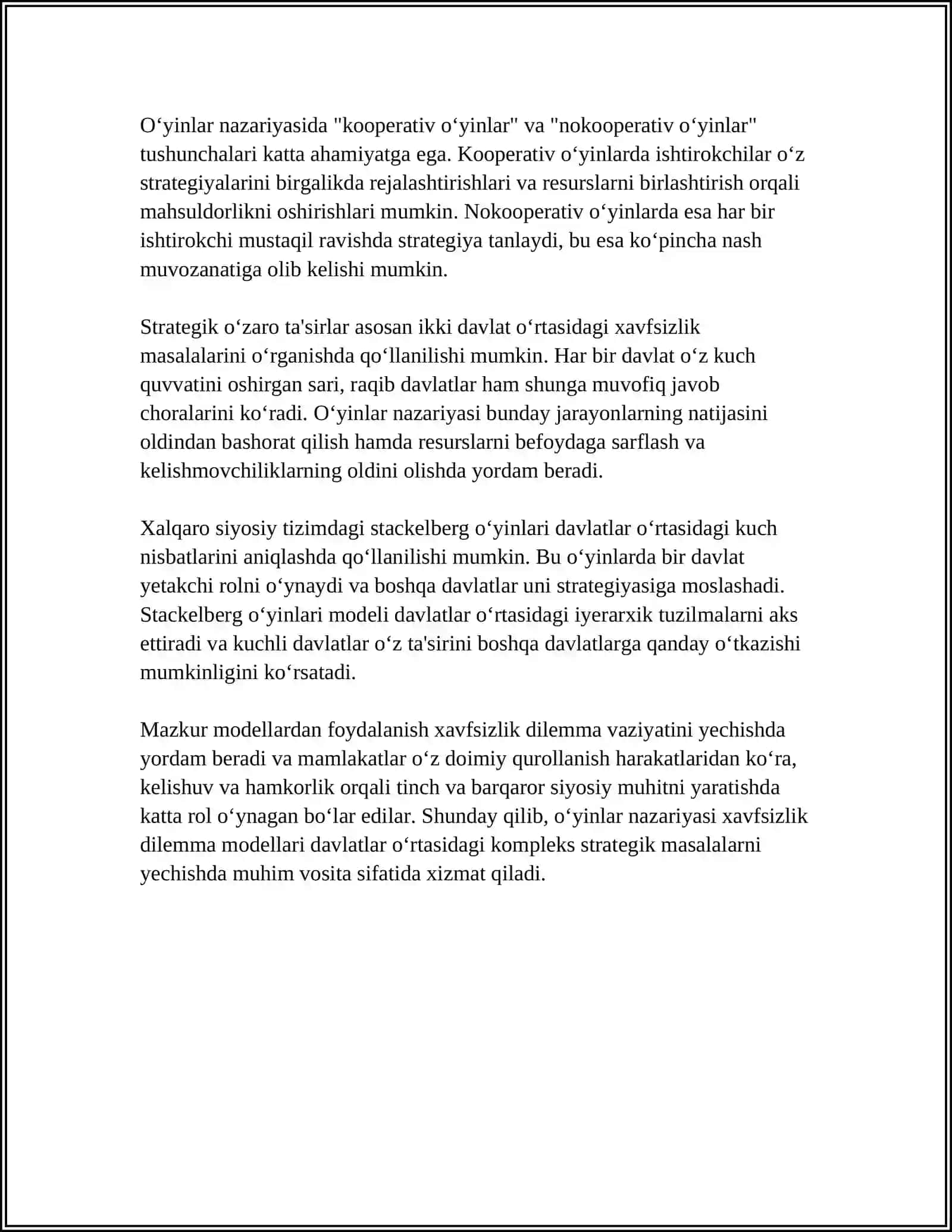 DAVLATLAR O‘RTASIDAGI MUNOSABATLARNI O‘YINLAR NAZARIYASI ASOSIDA MODELLASHTIRISH 4